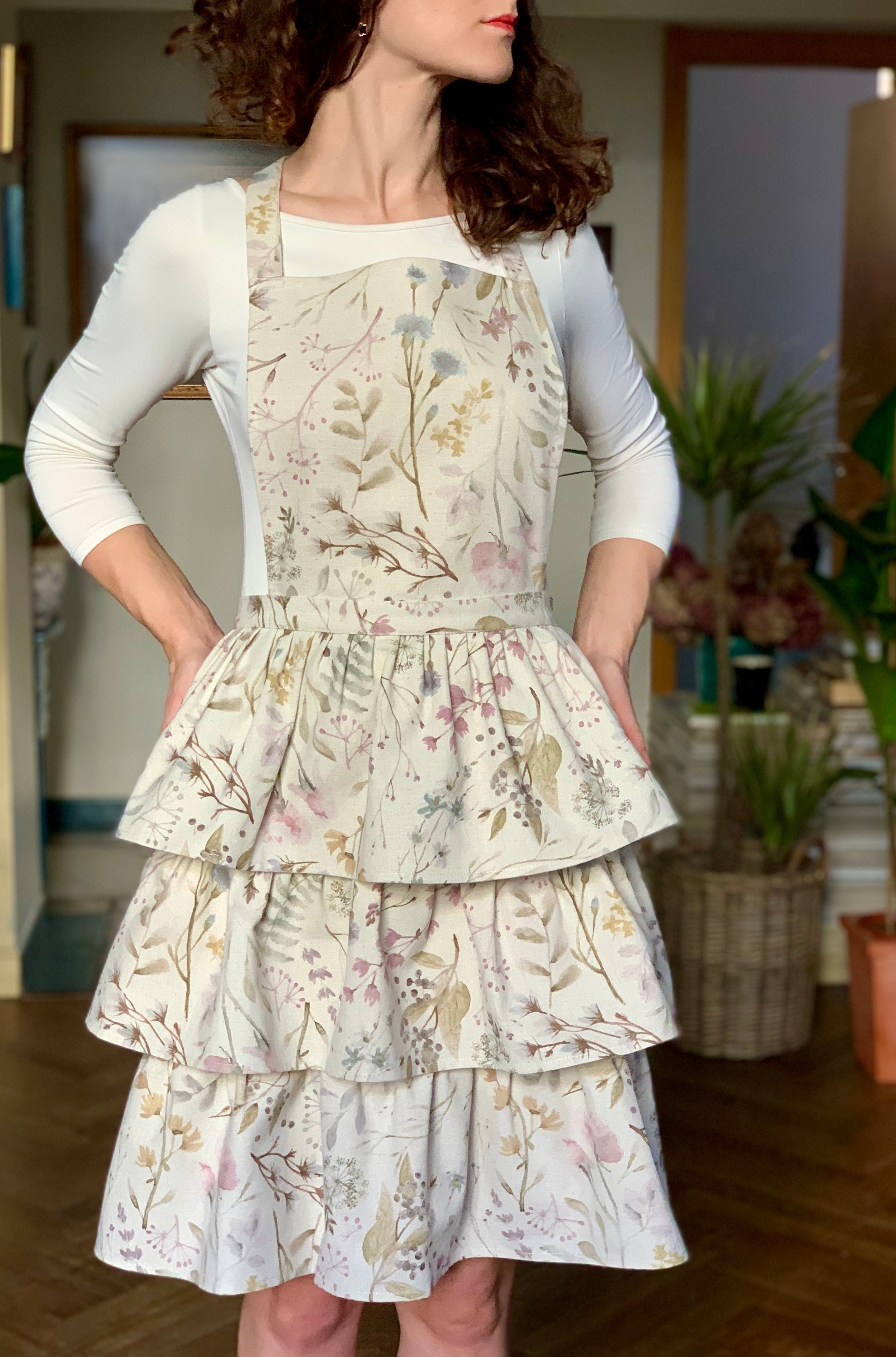 Tablier femme à volants, mélange lin-coton, imprimé | Aitana