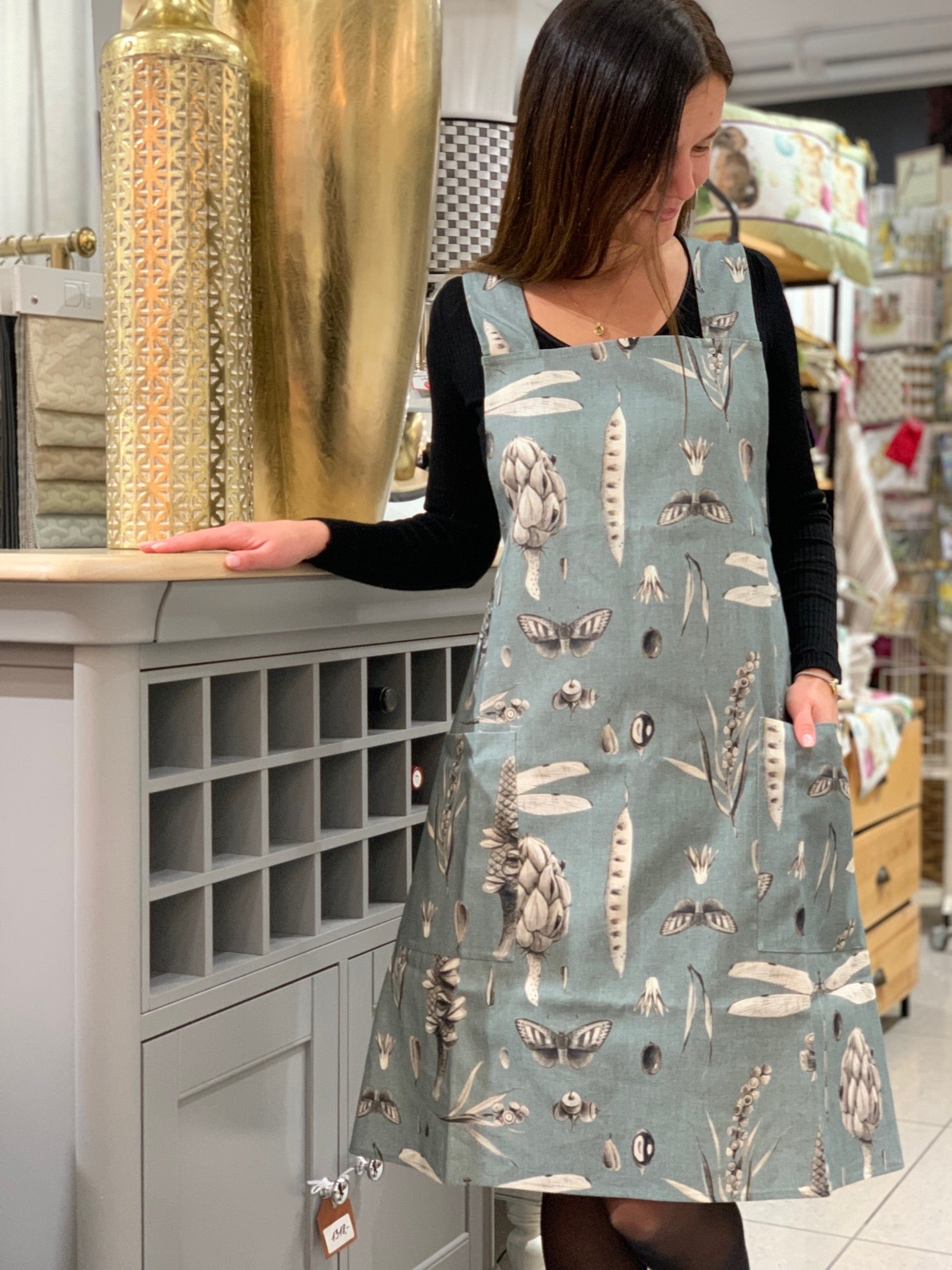 Ladies' Apron with Crossed Straps,100% Cotton, Printed | Seeds Aqua