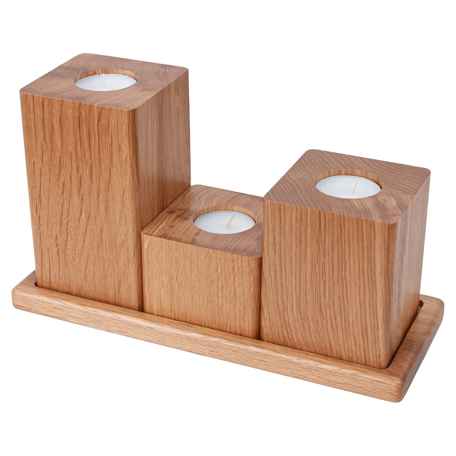 Three Square Oiled Oak Candlesticks with Tray