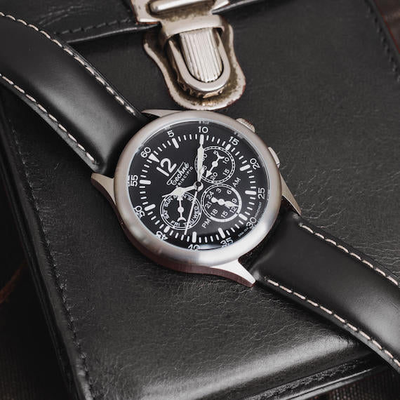 Navigationsuhr (39,5 mm) mit Armband aus schwarzem toskanischem Leder