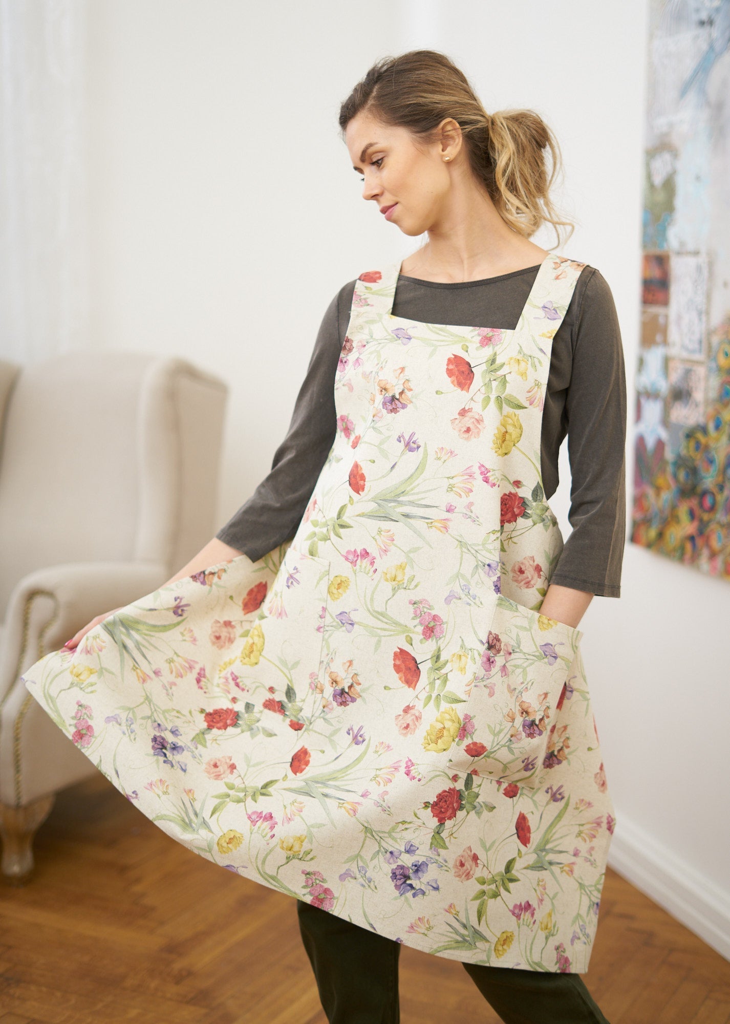 Ladies' Apron with Crossed Straps, Cotton-Linen Mix, Printed | Blossom