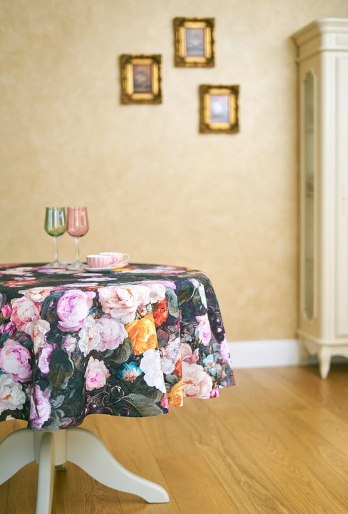 Nappe ronde, imprimé floral foncé 100 % coton | Francine Black