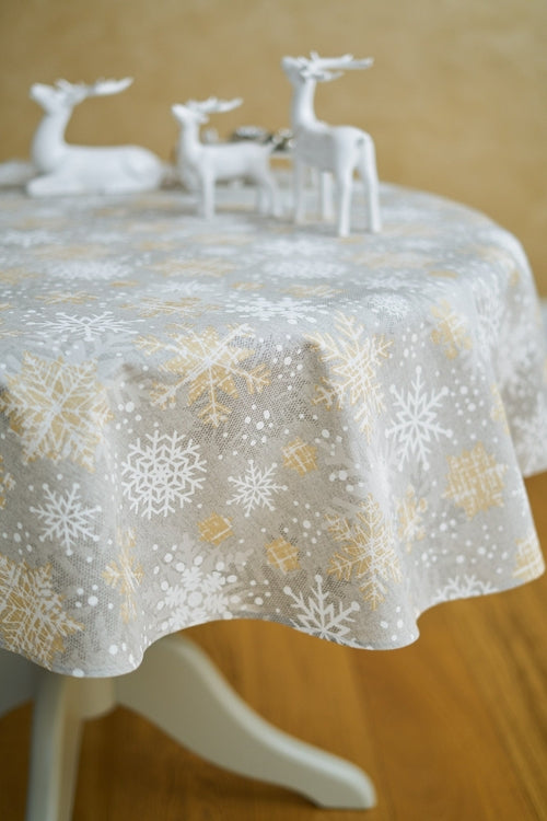 Nappe ronde à motif hivernal avec imprimé flocons de neige, mélange coton-polyester |