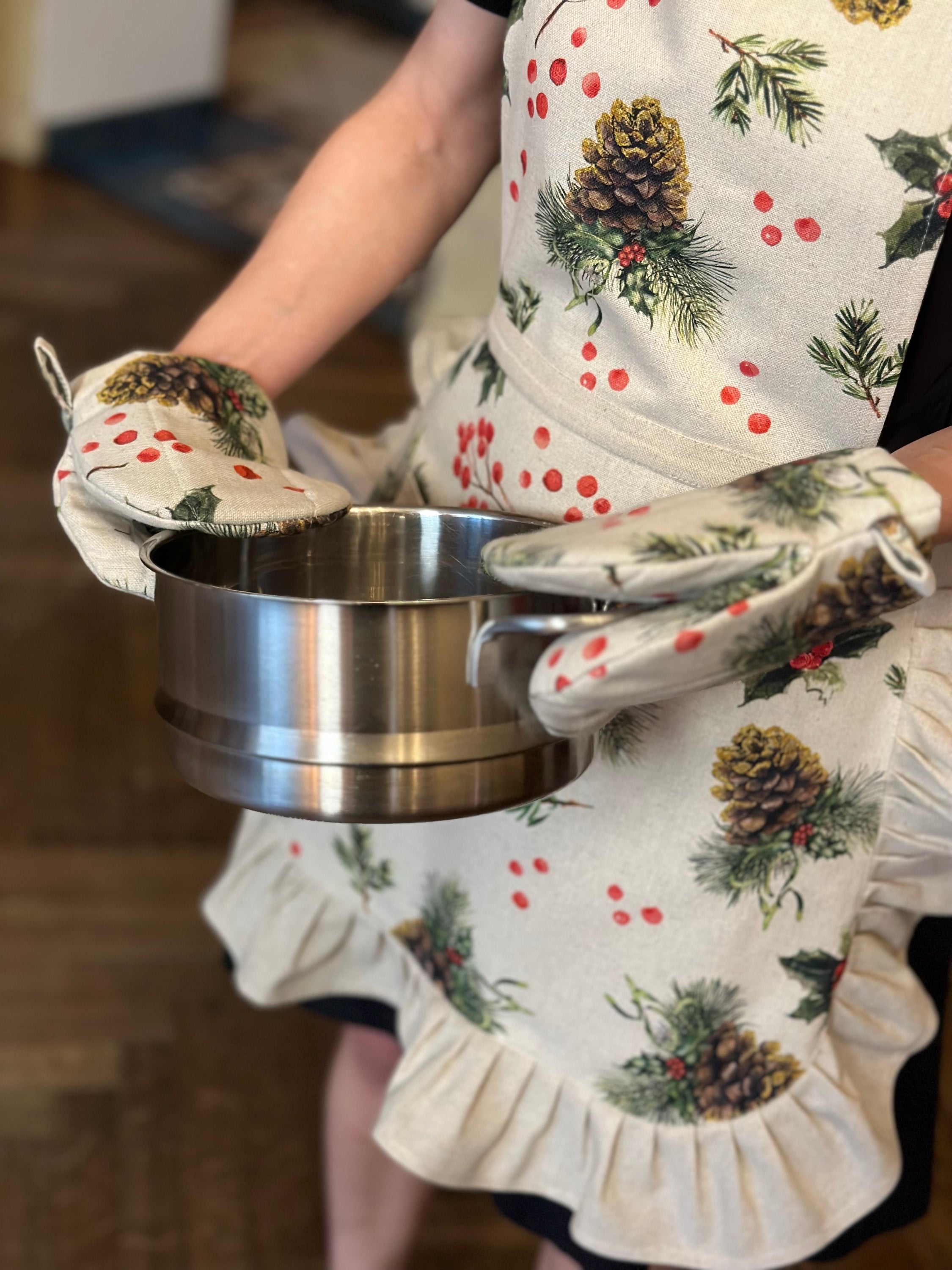 Weihnachtsofenhandschuh klein mit doppelter Wollfüllung, Leinen-Baumwolle