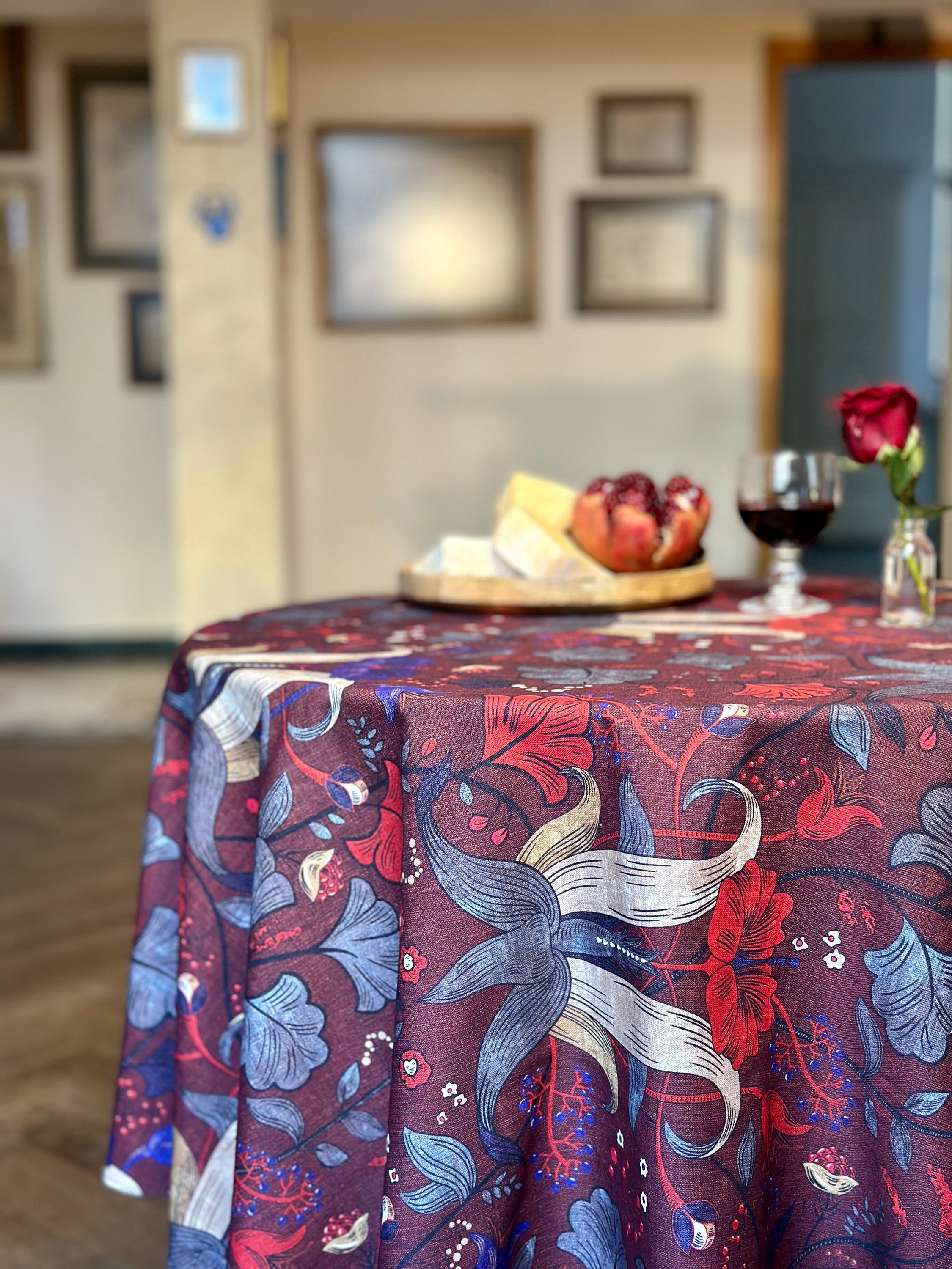 Nappe ronde, mélange lin-coton, imprimée | Red Drama