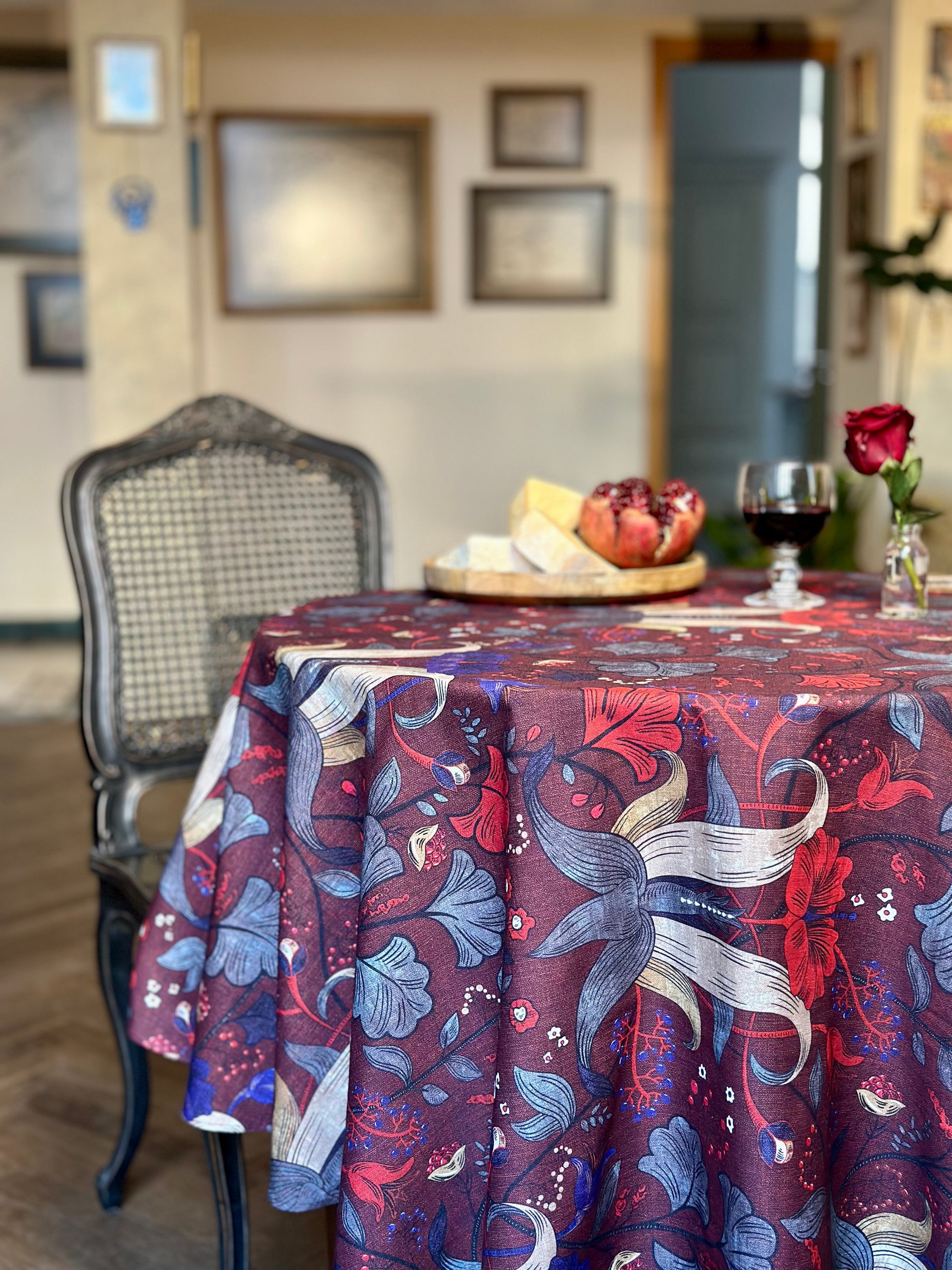 Nappe ronde, mélange lin-coton, imprimée | Red Drama