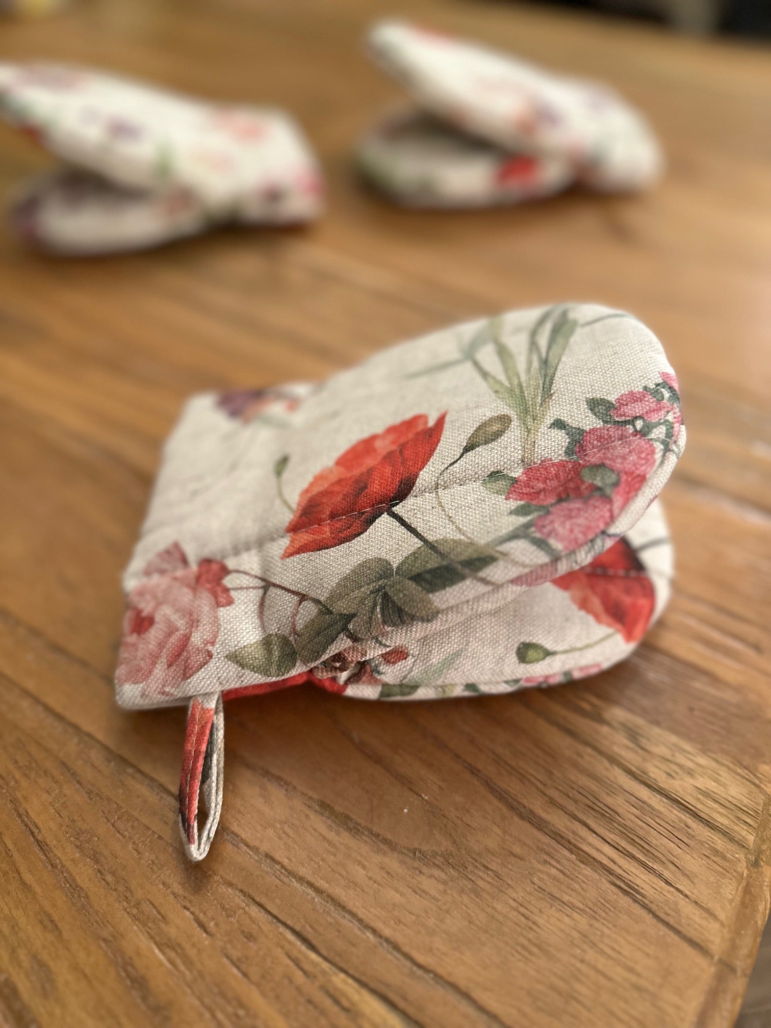 Gant de cuisine petit format avec double rembourrage en laine, mélange lin-coton, imprimé |