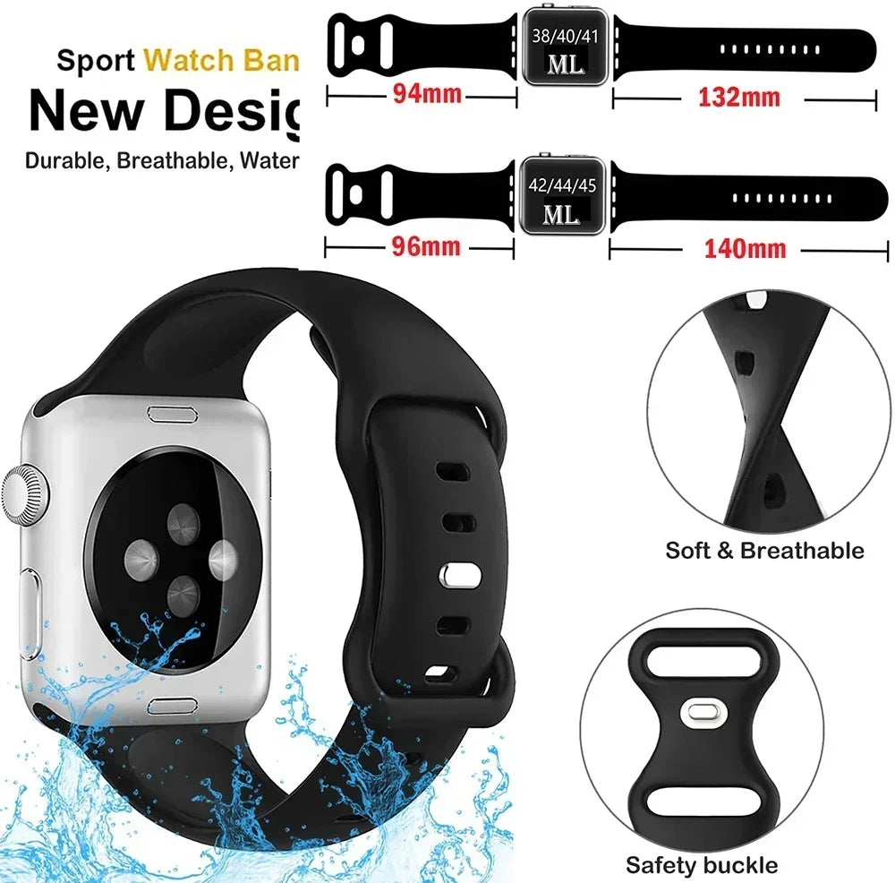 Bracelet en silicone pour Apple Watch 44 mm, 40 mm, 45 mm, 41 mm et 42-38 mm (sport)