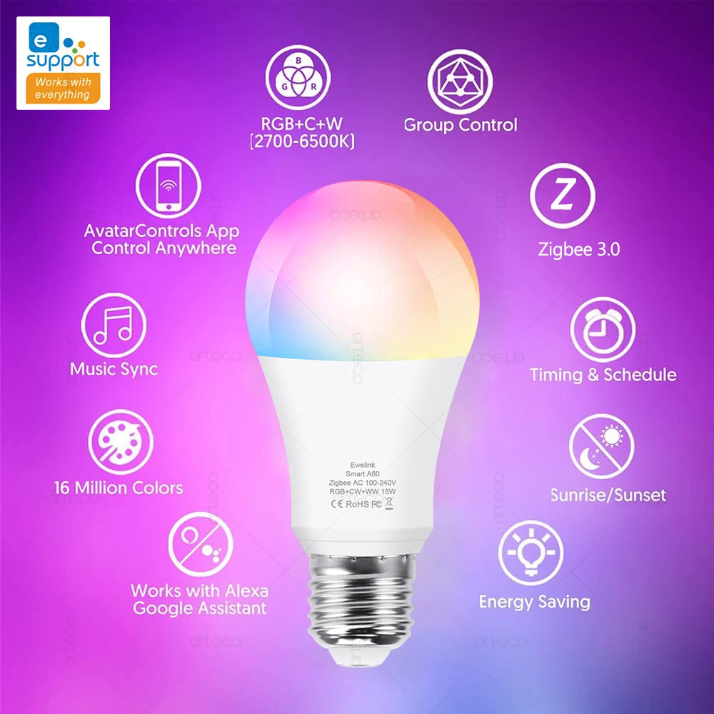 15W 18W E27 Zigbee Smart Light Bulbs RGB E27 Led Bulb AC100-240V Smart