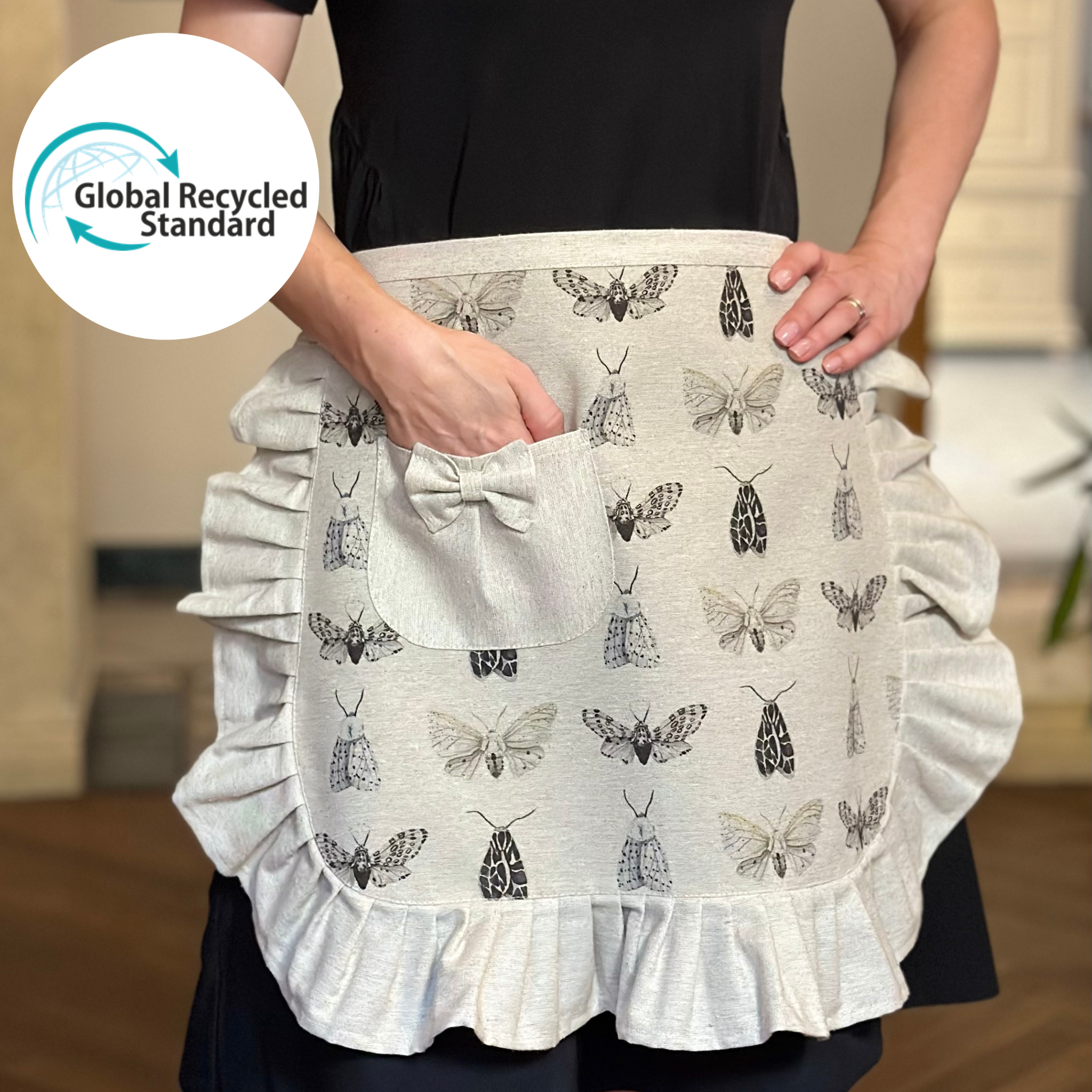 Demi-tablier pour femme avec volant beige, coton recyclé, imprimé | Nord