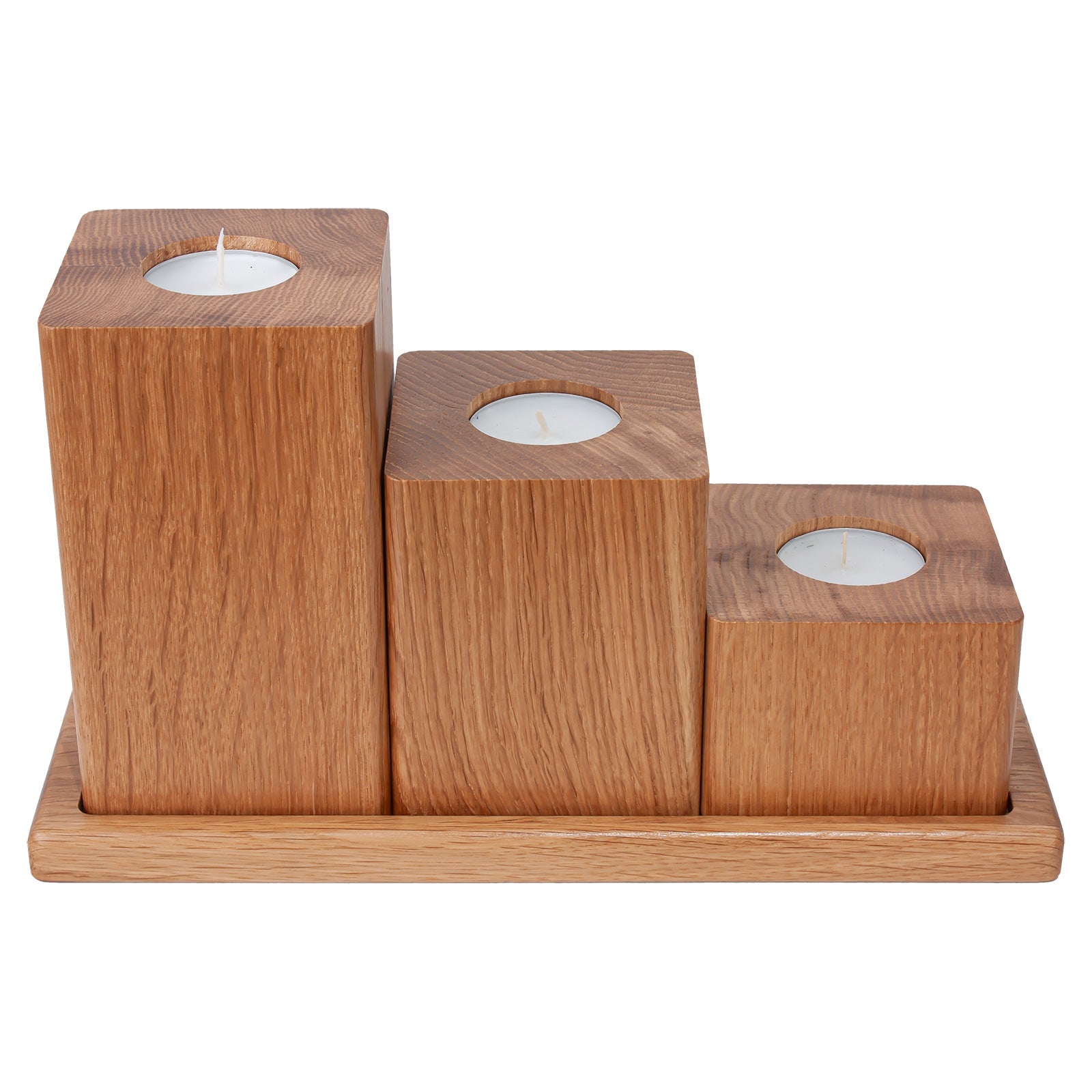 Three Square Oiled Oak Candlesticks with Tray
