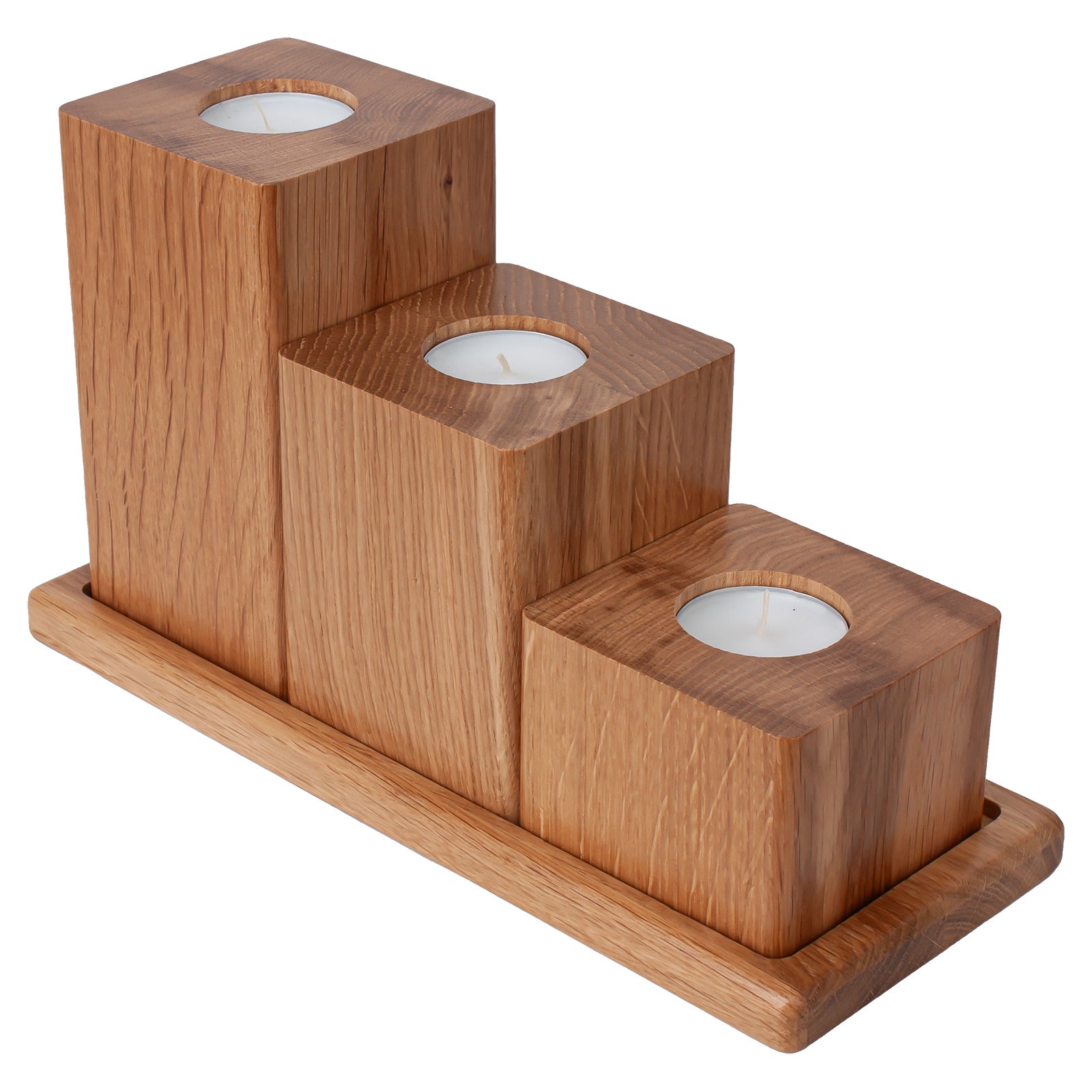 Three Square Oiled Oak Candlesticks with Tray