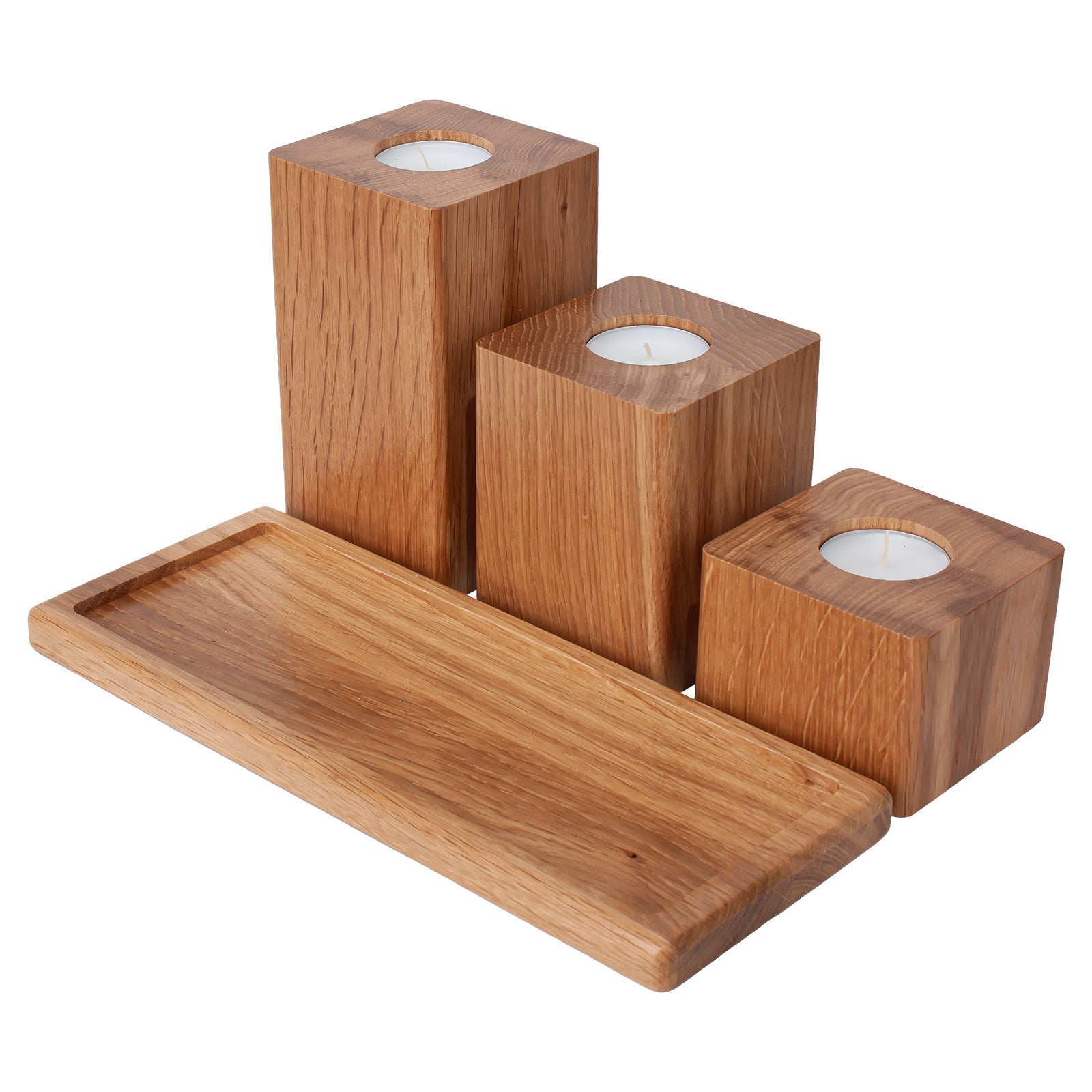 Three Square Oiled Oak Candlesticks with Tray
