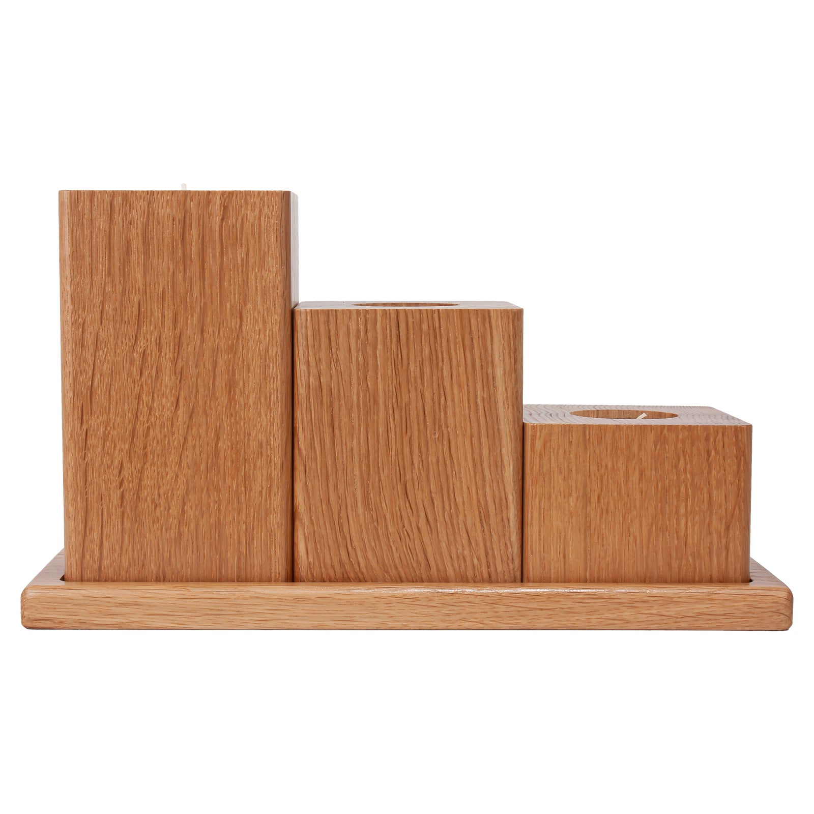 Three Square Oiled Oak Candlesticks with Tray