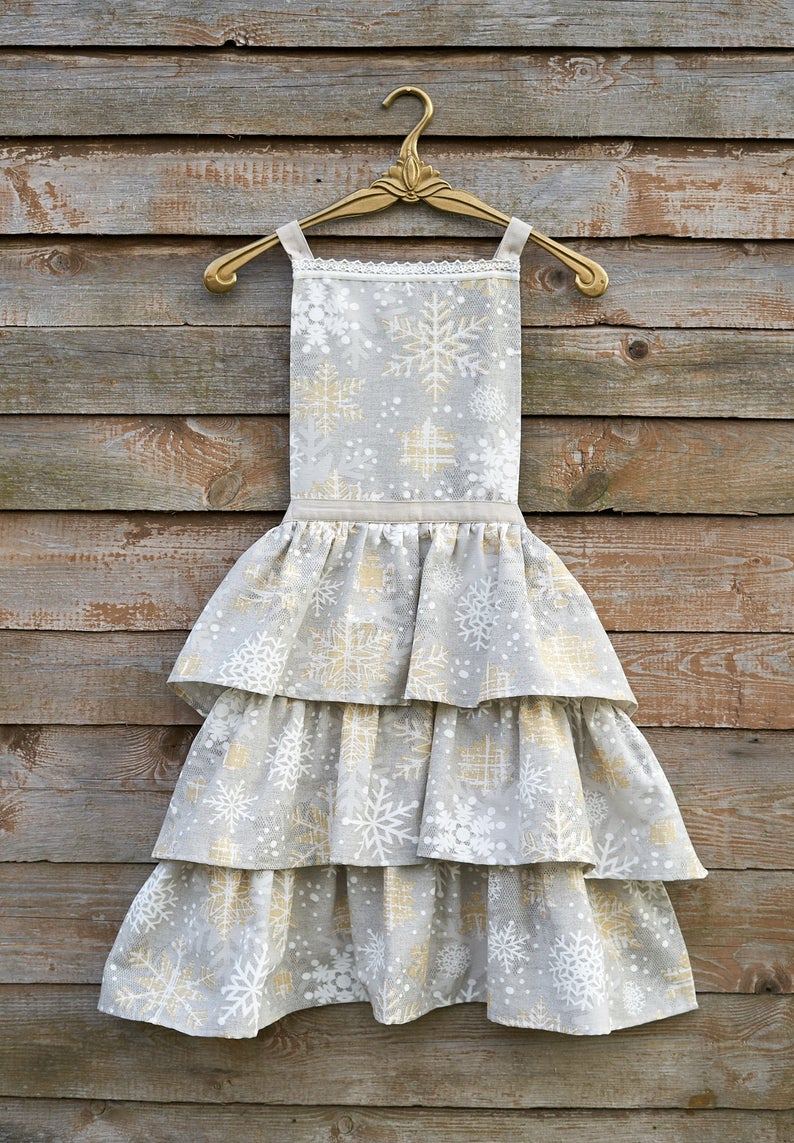 Tablier femme à motif hivernal avec imprimé flocons de neige, mélange coton-polyester | Thé